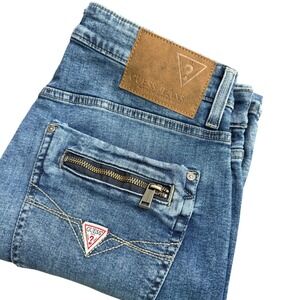 Guess Mateo Regular Straight Leg Jeans Mens 32x32 Medium Wash Moto Zip T5VJ14